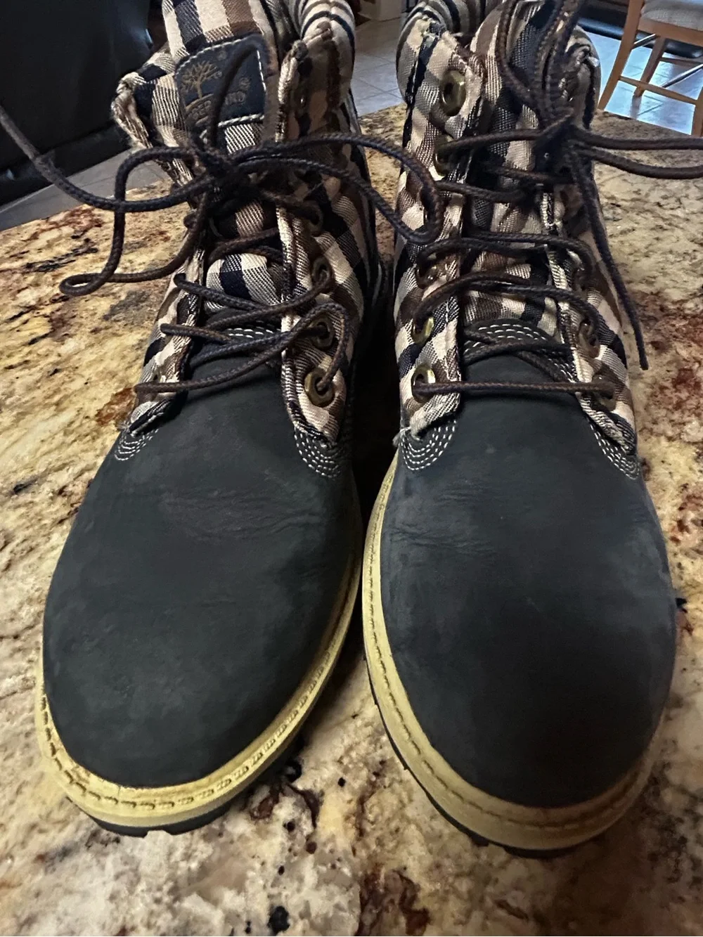 Timberland Unisex Big Kid’s 4 Blue Suede Leather & Plaid Lace-Up Rain/Snow Boots